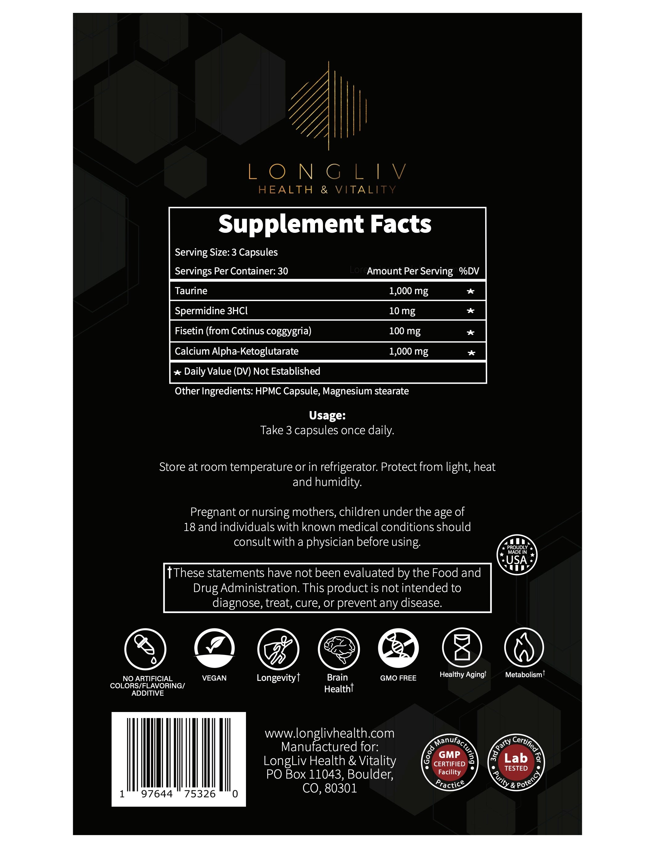 Longevity4Life - Ultimate Cellular Health Supplement - Fisetin, Taurine, Calcium Alpha-Ketoglutarate, Spermidine